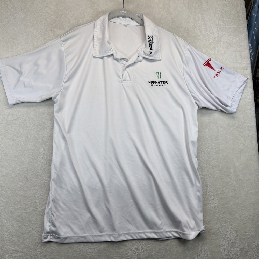 Monster Energy Tesla Mens White Polo Shirt Racing Sponsor Team Event Motorsports
